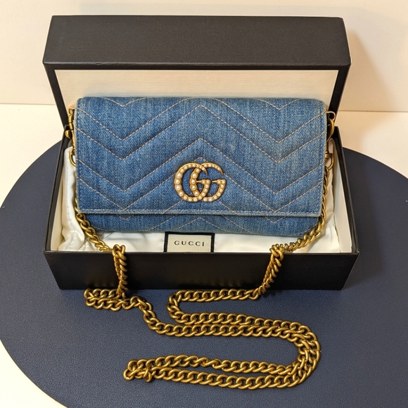 ✨Gucci ✨ marmont GG denim pearly denim long wallet converted to crossbody - Picture 4 of 14